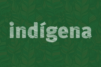 Arte retangular com fundo verde e desenhos de motivos indígenas branco, escrito indígenas na cor branca