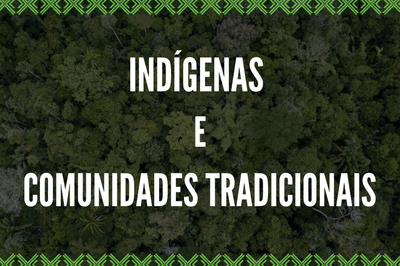 Arte com floresta ao fundo e letreiro "Indígenas e Comunidades Tradicionais" na cor branca