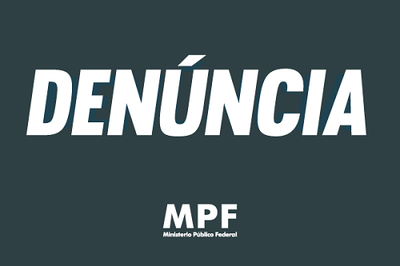 Letreiro branco da palavra DENÚNCIA acompanhado da logo do MPF, com fundo azul marinho