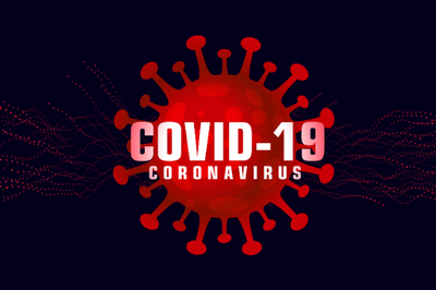 Fundo em preto, com imagem simbolizando um vírus, com as palavras coronavírus e covid-19