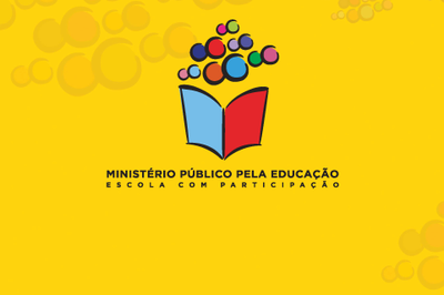 Sobre um fundo amarelo está a imagem de um livro, em cores, e está escrito em letras pretas: Ministério Público pela Educação.