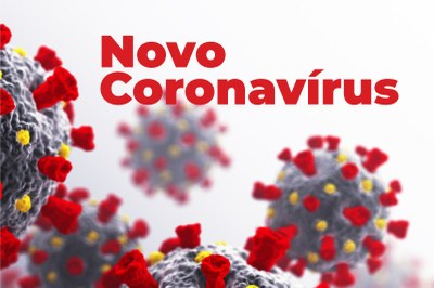 Arte retangular sobre imagem do vírus corona. Está escrito novo coronavírus na cor vermelha