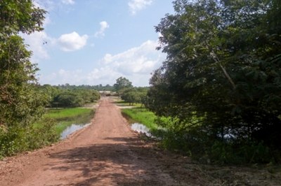 Foto mostra a estrada de barro que atravessa um lago, dividindo-o em dois. Ao lado, árvores.