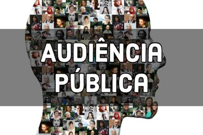 Colagem de vários rostos de pessoas, formando o perfil de uma cabeça humana. Sobre a montagem, o texto "Audiência pública".