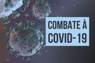 Arte com representação de um coronavírus da perspectiva de um microscópio. Em preto dentro de um box azul está escrito Combate à covid-19