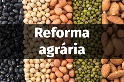 Foto de vários tipos de sementes juntas. Sobre a foto foi inserido o texto Reforma agrária. O texto é na cor banca sobre fundo preto semitransparente.