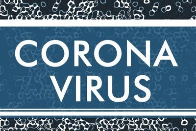 Imagem em tons de azul escuro e claro com inscrição, em branco, Coronavírus