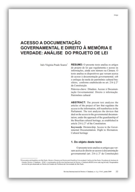 Artigo: Acesso a documentação governamental e direito à memória e verdade: análise do projeto de lei, REID, 2009