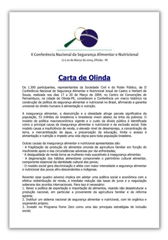 II Conferência Nacional de Segurança Alimentar e Nutricional, 2004 (Carta de Olinda)
