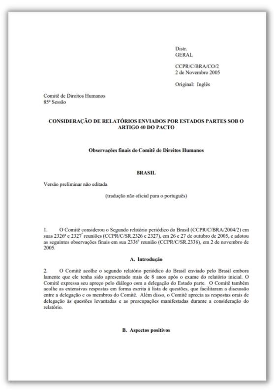 Considerações do Comitê de Direitos Humanos sobre 2º Relatório Periódico Brasileiro, 2005