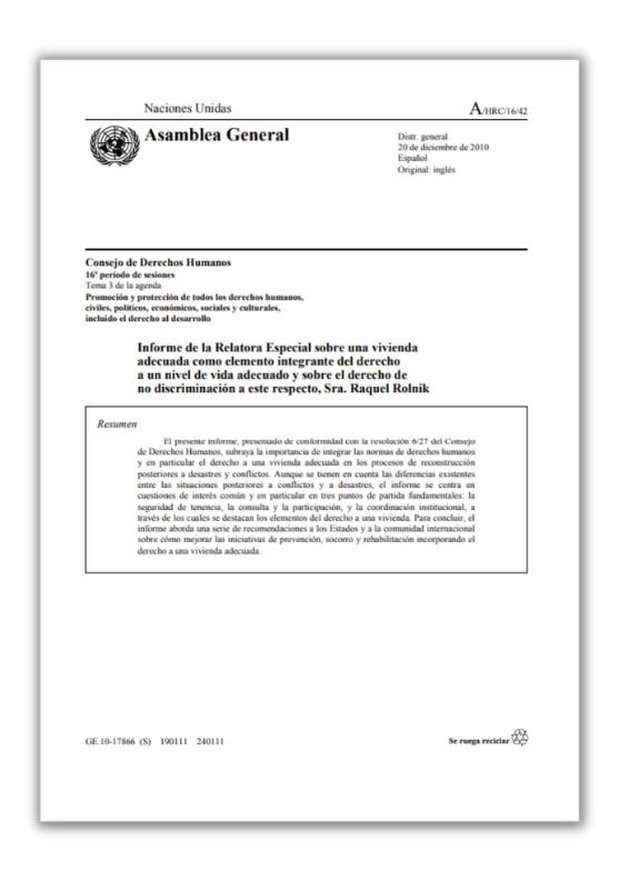 Relatório ONU sobre moradia adequada em situações pós-desastre e pós-conflitos, 2010