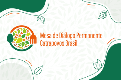 #Pracegover Arte mostra logomarca da Catrapovos Brasil: um garfo e uma colher curvos, que se encontram formando um prato, com folhas, castanhas e peixes