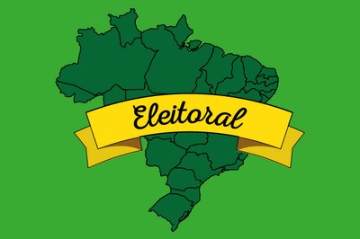 Arte com fundo verde, desenho do mapa do brasil escrito eleitoral na cor preta sobre uma faixa amarela