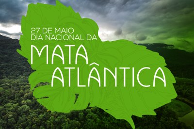 Arte mostra uma foto aérea de uma região de Mata Atlântica com o desenho de uma folhagem verde por cima, onde está escrito "27 de maio - Dia Nacional da Mata Atlântica"