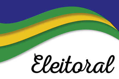 Arte com faixas superiores em azul, verde e amarelo, e a palavra Eleitoral em letras pretas.