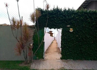 #pracegover: perspectiva da passagem reaberta, vista da rua, em um muro coberto por vegetação. Ao fundo, uma pessoa caminha pelo local