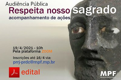 banner de divulgação da audiência pública com dados sobre o evento ilustrada por uma das peças do Museu da República