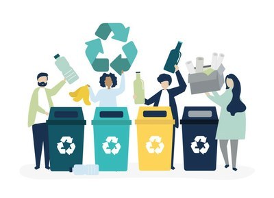 Desenho de pessoas realizando coleta seletiva de lixo