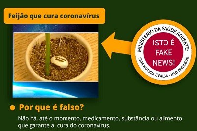 De um lado a foto de um feijão sobre a terra com o texto "feijão que cura coronavírus". Do outro lado, o texto "Ministério da Saúde adverte: isto é fake news!"