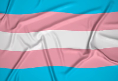 Imagem realista da bandeira do orgulho transexual, nas cores azul, rosa e branco