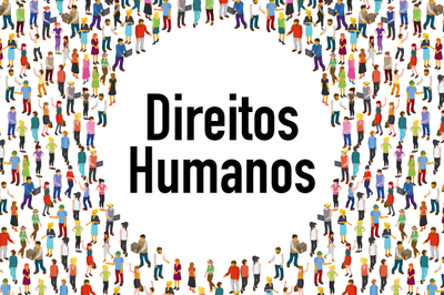 Arte retangular branca com a expressão Direitos Humanos em letras pretas rodeada com vários bonecos, representando diversidade de pessoas.