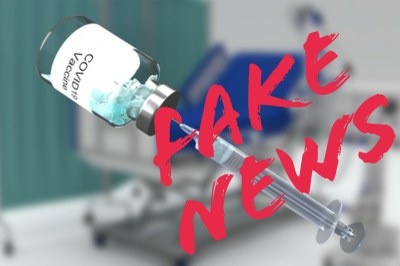 #Pracegover Foto de uma seringa e um vidro com vacina contra covid-19. Em vermelho está escrito Fake News 