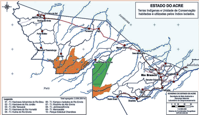 #paratodosverem imagem do mapa dispondo as terras indígenas do Acre, cortados por uma linha vermelha simbolizando a estrada BR-364
