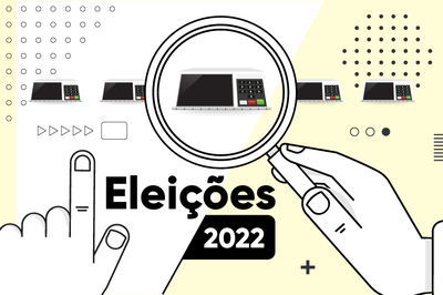 Ilustração com urnas eletrônicas dando destaque a uma central onde aparece uma mão segurando uma lupa, seguida da palavra Eleições e do ano 2022