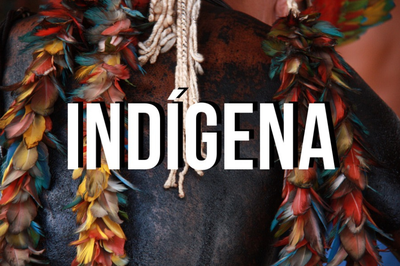#ParaTodosVerem. Fotografia de indígena com pintura na cor preta na pele. Há sobreposição com a palavra Indígena escrita na cor branca em destaque no centro da imagem.