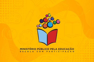 Arte com logomarca do MPEduc. Abaixo de um livro do qual saem bolinhas coloridas, está escrito Ministério Público pela Educação, Escola com Participação.
