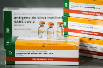 #pracegover foto mostra caixas da vacina contra a covid da empresa sinovac
