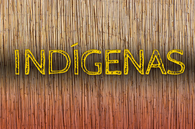 Ilustração com esteira de palha e, na frente, a inscrição Indígenas na cor amarela