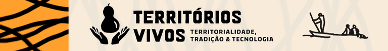 Banner do evento Territórios Vivos: Territorialidade, Tradição & Tecnologia. À esquerda, uma faixa laranja com listras pretas; no centro, o logotipo em preto com mãos segurando uma moringa e o texto; à direita, uma ilustração em traço preto de uma pessoa remando em um barco com outros ocupantes, sobre um fundo creme com texturas sutis. Banner do evento Territórios Vivos: Territorialidade, Tradição & Tecnologia. À esquerda, uma faixa laranja com listras pretas; no centro, o logotipo em preto com mãos segurando uma moringa e o texto; à direita, uma ilustração em traço preto de uma pessoa remando em um barco com outros ocupantes, sobre um fundo creme com texturas sutis.