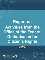 Imagem da capa do relatório de atividades PFDC 2024 com escrita em língua inglêsa "Report on Activities from the Office of the Federal Ombudsman for Citizen’s Rights 2024".
