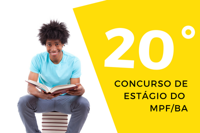 Estudante sentado em olha de livros segura um em mãos olhando para a frente.  Ao seu lado um polígono amarelo contém os dizeres: 20º concurso de estágio do MPF/BA.