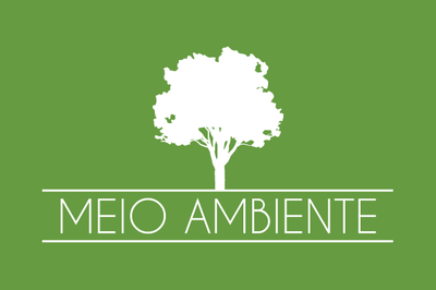 Imagem tem uma árvore desenhada na cor branca, contra um fundo verde claro. Sob o desenho, entre duas linhas brancas, lê-se a palavra "Meio Ambiente".
