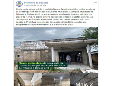 #Pracegover Foto de uma publicação na página da prefeitura no Facebook que divulga a visita do ex-prefeito a obras