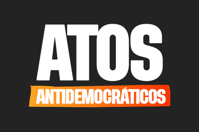 Ilustração. Sobre fundo preto, aparecem em letras brancas os dizeres "Atos antidemocráticos"