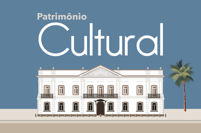 Arte retangular que mostra a ilustração de um prédio em estilo colonial e a expressão 'Patrimônio Cultural' escrita em letras brancas.