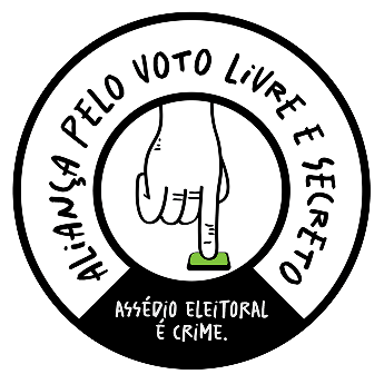 Logotipo circular com o texto 'ALIANÇA PELO VOTO LIVRE E SECRETO' na borda superior. No centro, o desenho de uma mão apertando um pequeno botão verde. Na base preta, lê-se em branco: 'ASSÉDIO ELEITORAL É CRIME.