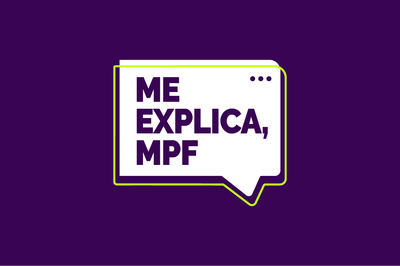 Logótipo do "Me explica, MPF" em balão de fala branco com contorno verde sobre fundo roxo.