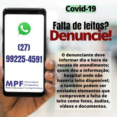 Banner informando o número de Whatsapp (27) 99225-4591 para denúncias de falta de leitos para pacientes com covid-19.