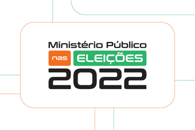 Arte com fundo branco. No centro da imagem está escrito Ministério Público nas eleições 2022 dentro de tarjas que representam as cores dos botões das urnas eletrônicas 