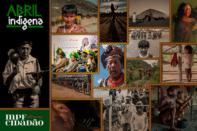 Imagem padrão do Abril Indígena com fotos de vários índios em diferentes situações