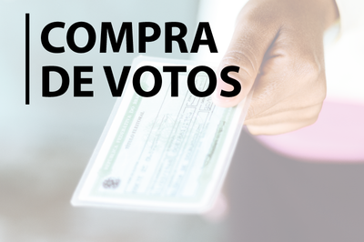 Arte retangular, com fundo contendo uma foto de uma mão segurando um títuto de eleitor, sobre a qual está escrito “compra de votos”.