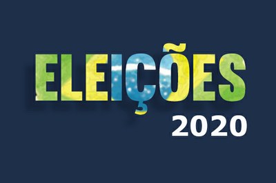 banner retangular com fundo azul onde se lê a palavra eleições nas cores verde, amarelo e azul e o ano 2020 em branco