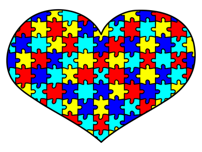 Arte retangular com fundo preto e o desenho de um coração com peças de quebra-cabeças colorido, que representa o símbolo da luta em favor dos portadores de autismo