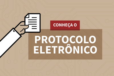 Ilustração de uma mão segurando um documento e um texto contento a frase: Conheça o Protocolo Eletrônico.