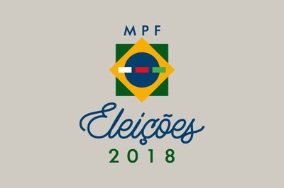 Arte em forma de retângulo, com fundo cinza, a sigla do MPF em azul, uma bandeira do Brasil estilizada, e a expressão 'Eleições 2018'