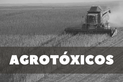 Foto de uma colheitadeira em uma lavoura de soja, em preto e branco. Sobrescrita, a palavra "agrotóxico" na cor branca.